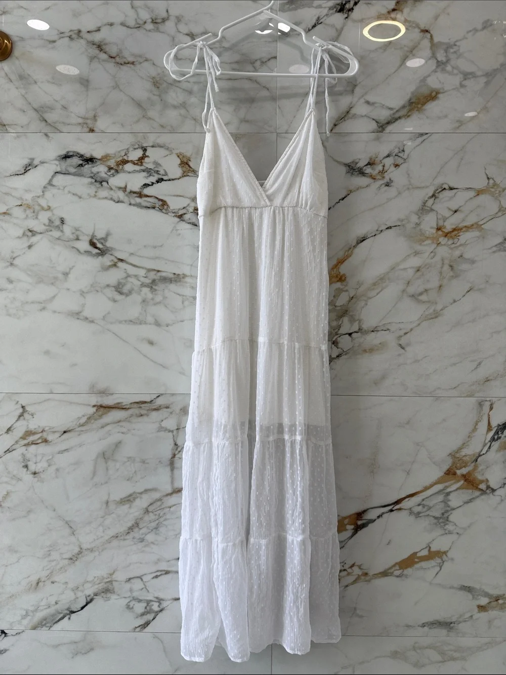 Abercrombie & Fitch White Swiss-Dot Tie-Shoulder Maxi Dress